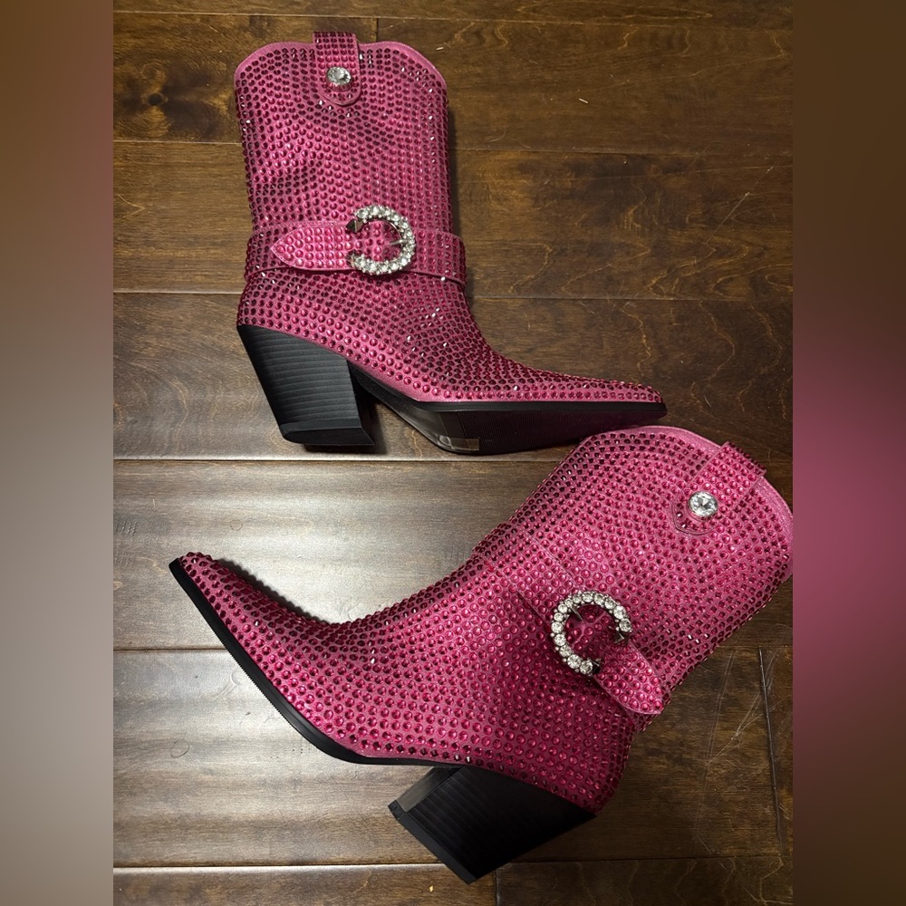 Azalea Wang Women’s Pink Rhinestone Western Ankle Boots - Picture 2 of 4